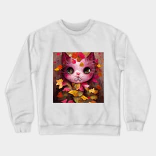 Adorable happy pink cute Kitty On The Autumn leaves cat lovers gift Crewneck Sweatshirt